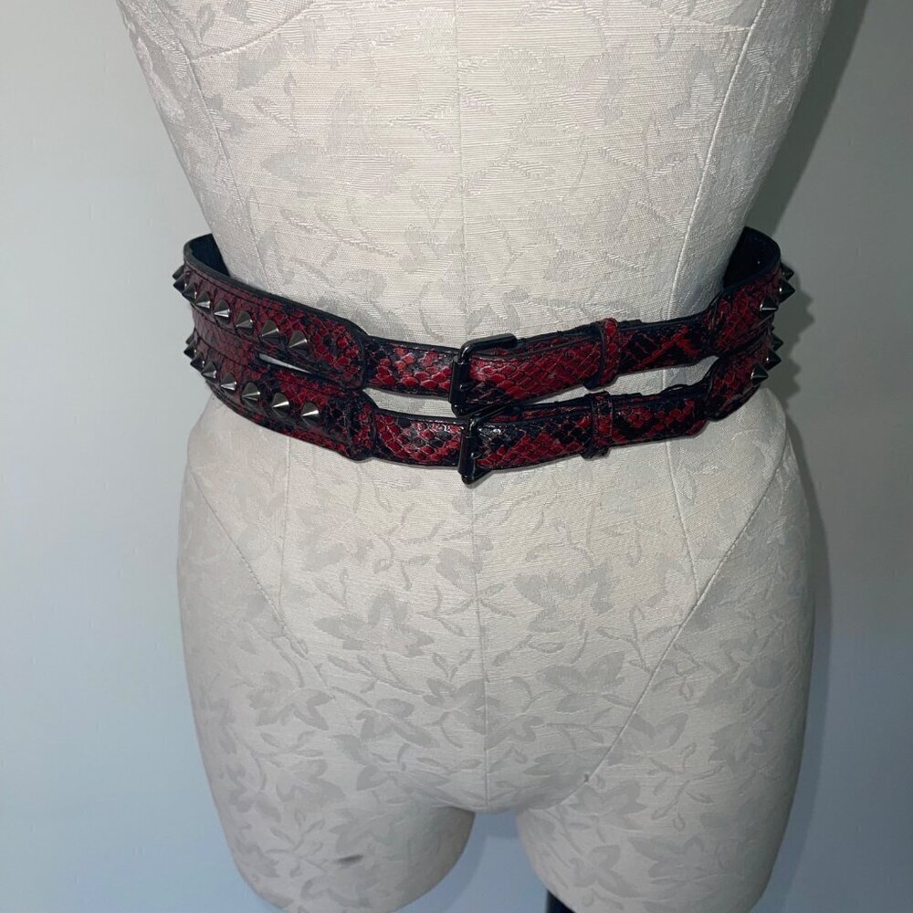 Bcbg Womens Belt Size Small Red Studded Snake Pattern Wide Two Buckles Statement